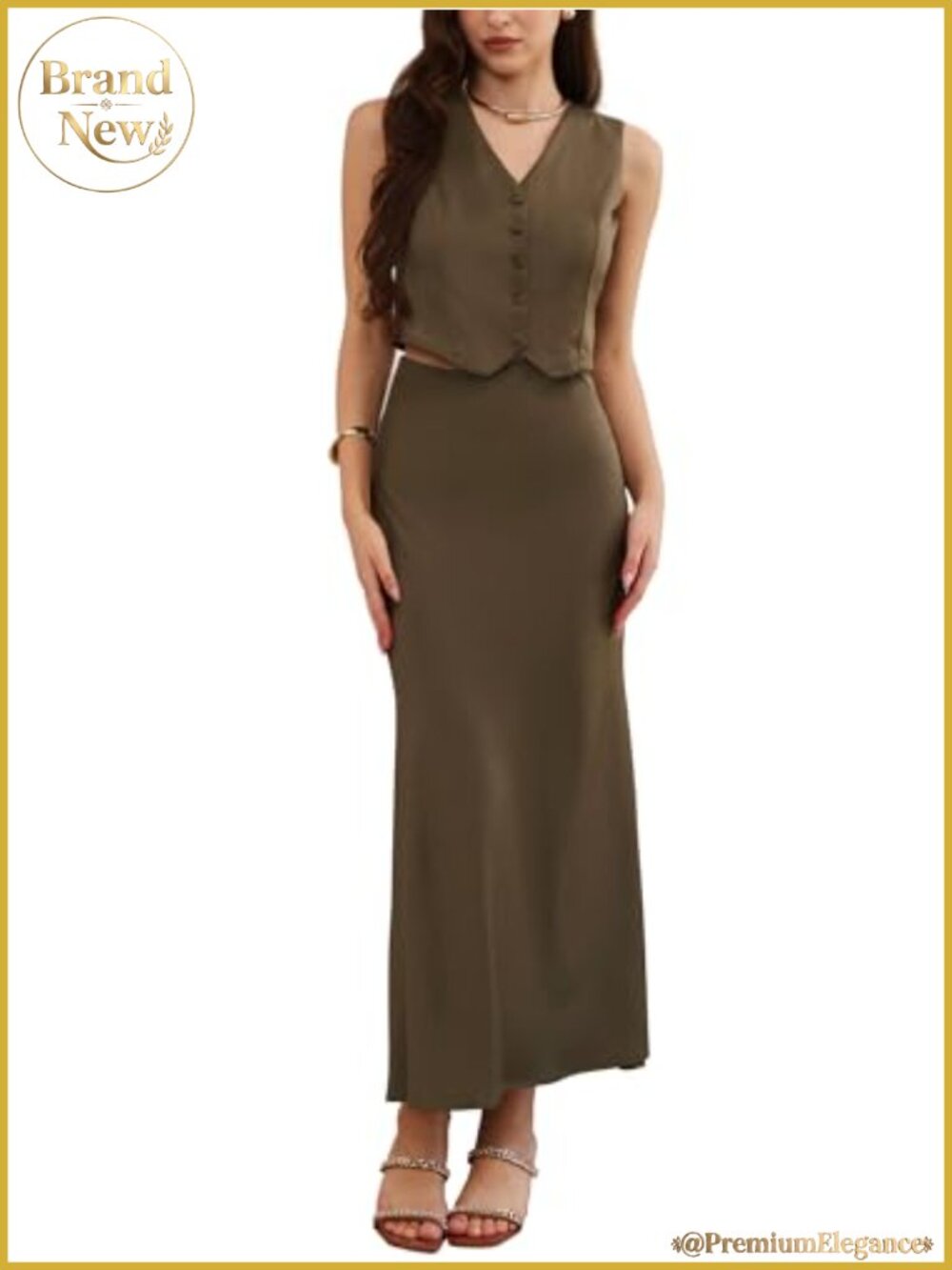 Satin Two Piece Skirt Set Women Button V Neck Vest Top Long Maxi Skirt Elegant